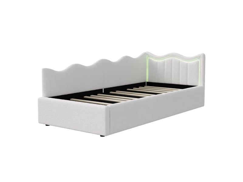 Lit coffre 90x200cm - lit enfant 90x200 - lit simple rembourré tissu bouclette avec éclairage led rgb, dossier vague - blanc  - Conforama A