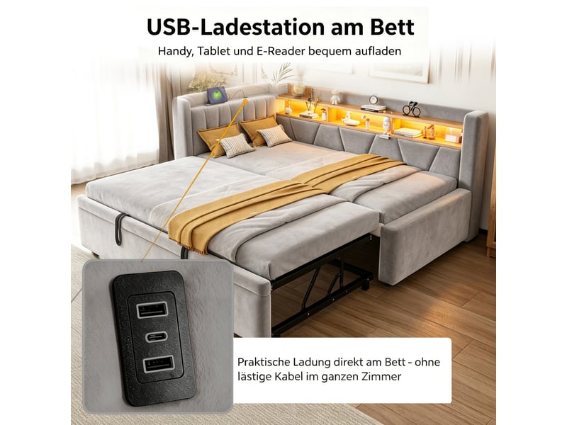 Lit gigogne 90x200 cm en velours avec led, usb et rangement, canapé-lit 3-en-1 extensible en 180x200 cm, lit enfant et adolescent moderne, gris - Conforama E