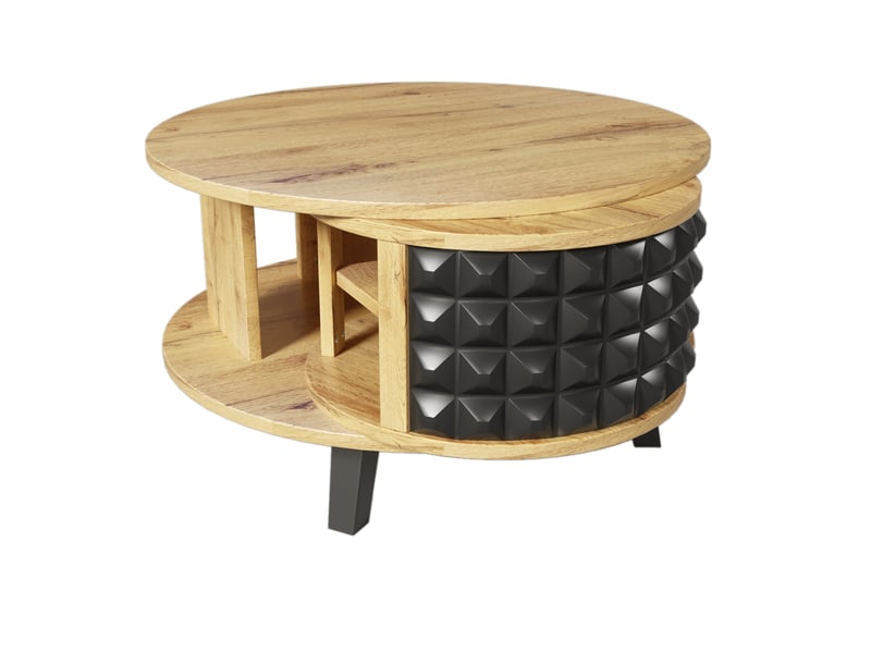  Table basse ronde 80 cm tournante avec rangement caché, table de salon, pour salon, aggloméré, couleur bois et noir  - Conforama A
