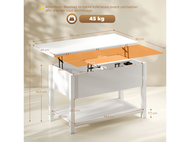  Table basse relevable et extensible avec rangements mdf blanc 100x45x50,5 cm  - Conforama C