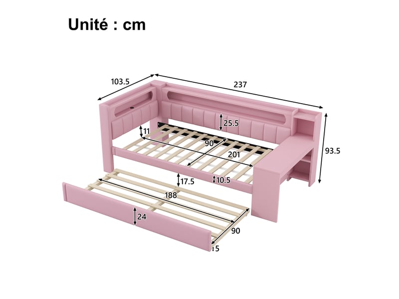  Lit gigogne 90x200 cm - lit déco avec tiroir et bureau - mdf et lin - sans matelas - rose  - Conforama C