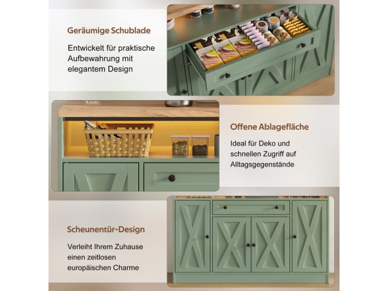  Buffet 140x35x95 cm vert, 4 portes style grange, tiroir, rangements de porte et led rgb avec application, mdf  - Conforama D