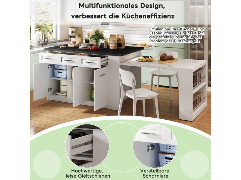Îlot de cuisine 150 × 90 × 90 cm blanc, mdf, plateau effet marbre noir et blanc, table extensible 96 cm et rangements - Conforama E