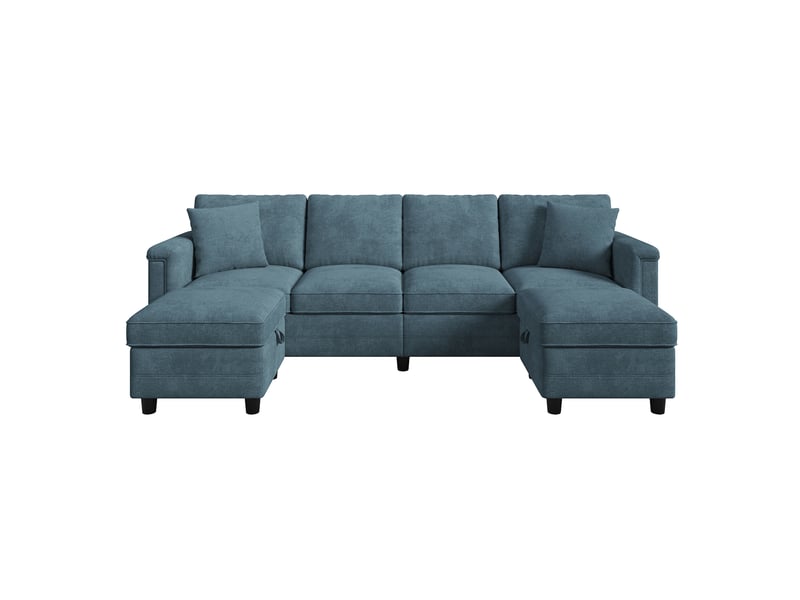  Canapé modulable corda, bleu, lu convertible, 261x134x82 cm, 2 poufs avec rangement, 2 coussins, tissu chenille  - Conforama A