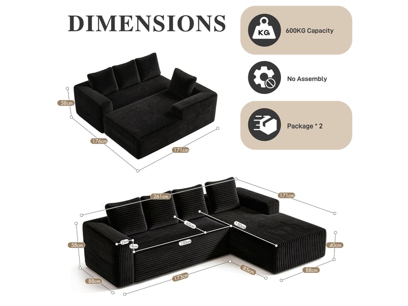 Canapé d’angle modulable 4 places 261 x 168 x 58 cm méridienne gauche, assise profonde, sans montage, velours côtelé noir - Conforama C