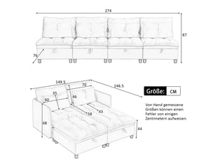 Canapé modulable 4 places en tissu chenille gris antique avec coffre de rangement et fonction couchage, design nuage, 274x76x87cm