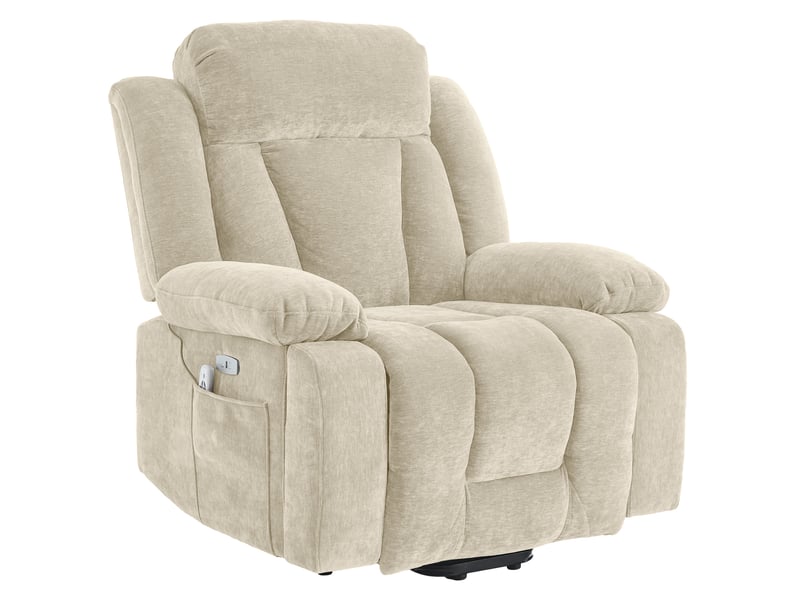  Fauteuil relax électrique avec massage 8 points, chauffage lombaire, relevage, usb, coffre et poches latérales en tissu beige  - Conforama A