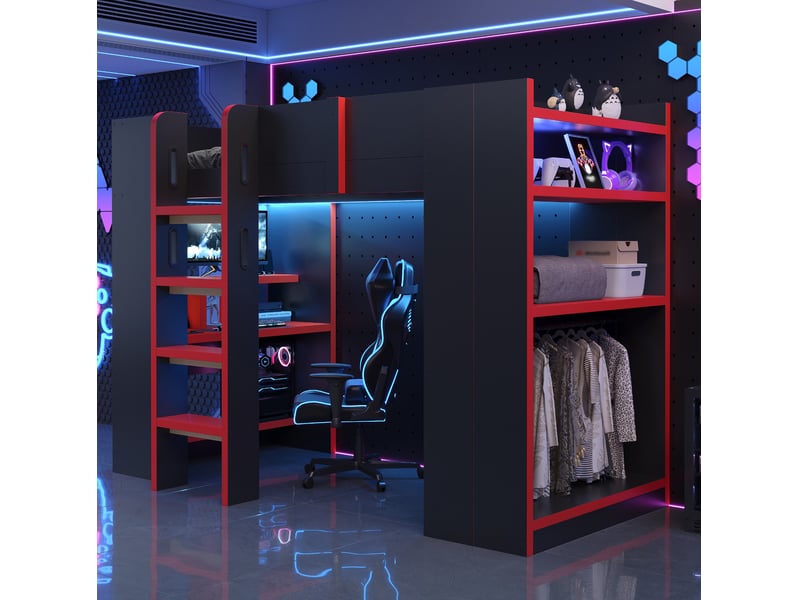  Lit mezzanine 90x200 cm noir et rouge avec bureau, rangements et led  - Conforama B
