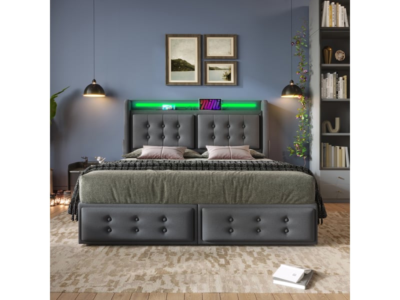  Lit double 140x200 cm tissu gris – matelas inclus, tête led usb-c, 4 tiroirs et sommier boismétal, 300 kg  - Conforama E