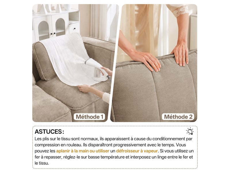  Canapé modulable 3 places en polyester,271x93x67cm,canapé à compression sans montage,mousse haute densité 32d,assise profonde,sable  - Conforama E