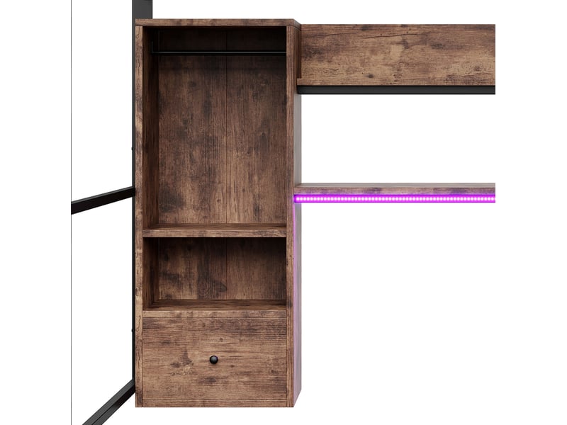 Lit mezzanine 140x200 cm led intégrées bureau tiroir rangements garde-corps escalier métal mdf sans matelas noir - Conforama E
