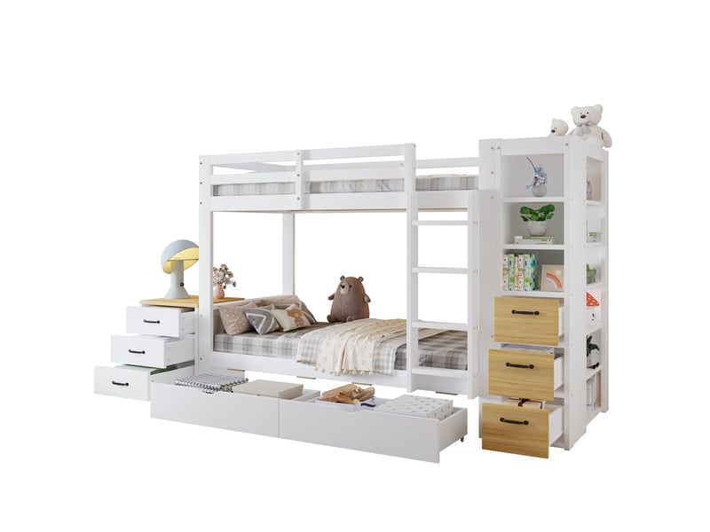  Lit superposé 90x200 cm, 2 tiroirs, rangement latéral, chevet, bois et mdf, blanc et naturel, sans matelas  - Conforama A