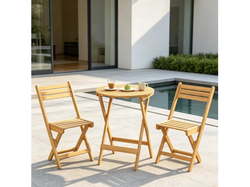 Salon de jardin pliant 2 places, table ronde 60 cm et 2 chaises en bois d'acacia naturel, prêt à déplier - Conforama B