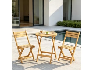 Salon de jardin pliant 2 places, table ronde 60 cm et 2 chaises en bois d'acacia naturel, prêt à déplier
