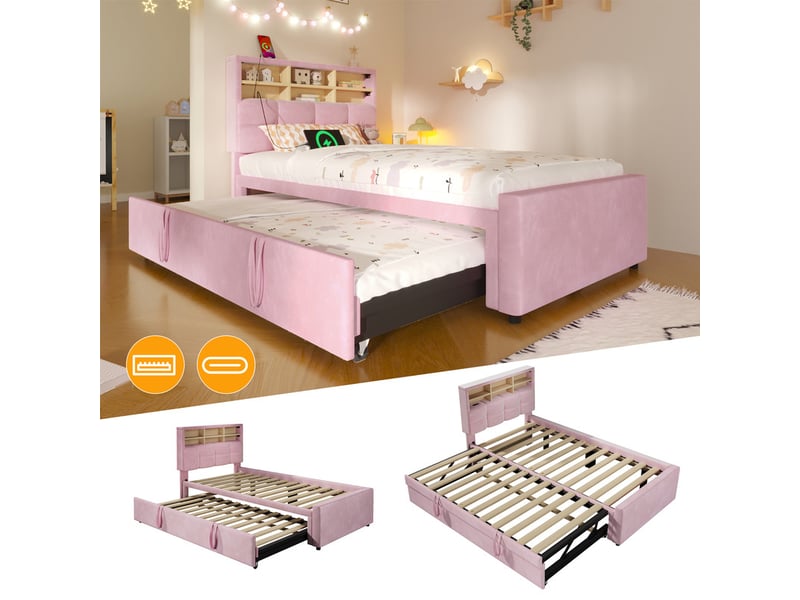 Lit pour enfant 90 x 200 cm – avec lit gigogne – avec port usb-c – velours – rose (matelas non inclus) - Conforama E