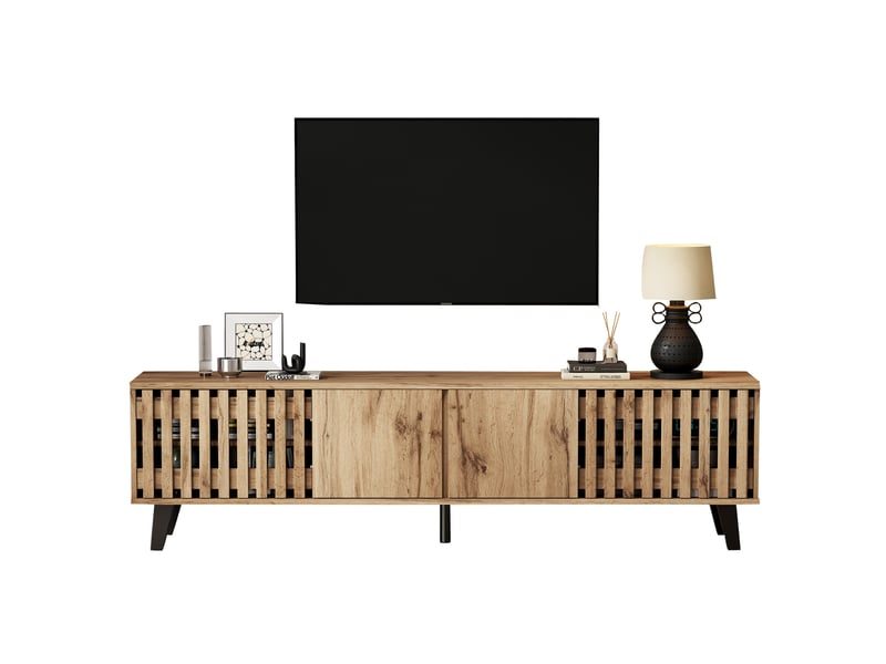  Meuble tv tcqpz 180 x 40 x 55 cm en panneau de particules coloris bois naturel pour téléviseur 70 pouces avec 8 rangements et 1 plateau ouvert  - Conforama A