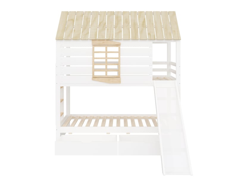  Lit superposé 90x200 cm avec toboggan et 2 tiroirs, en bois, blanc et naturel  - Conforama D