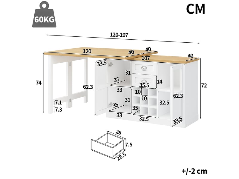 Table extensible pivotante à 360° avec rangement et led pour cuisine en mdf 120-197×40×72 cm blanc - Conforama D