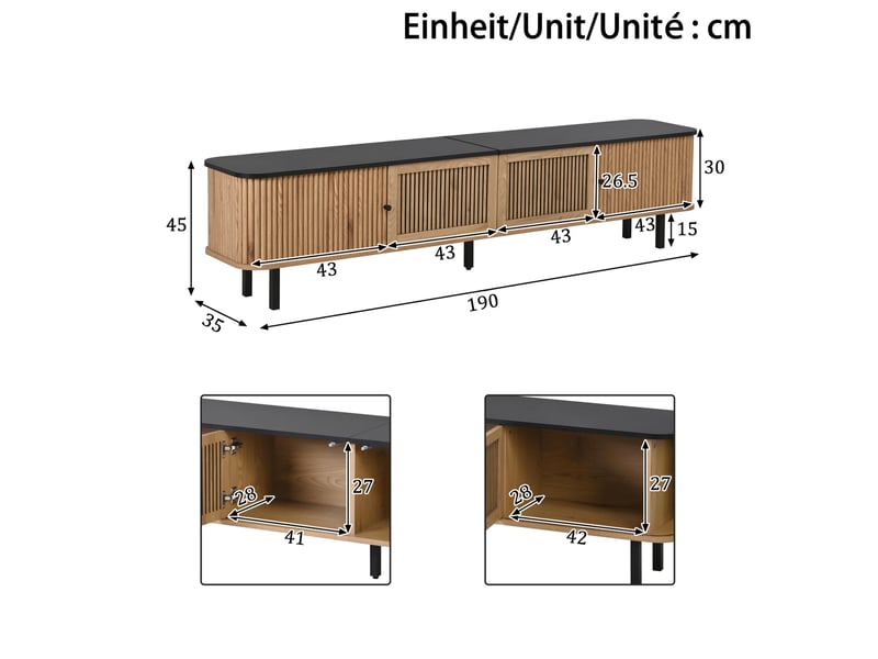  Meuble tv avec 2 portes coulissantes, 1 porte grillagée et rangements, pour salon, en panneaux chêne, 190 × 35 × 45 cm  - Conforama E