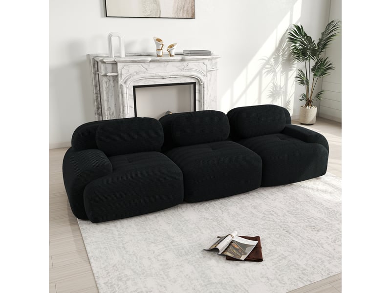  Canapé d’angle modulaire — sans montage, 298x103x70 cm accoudoirs courbes, stabilité antidérapante, velours côtelé noir  - Conforama B