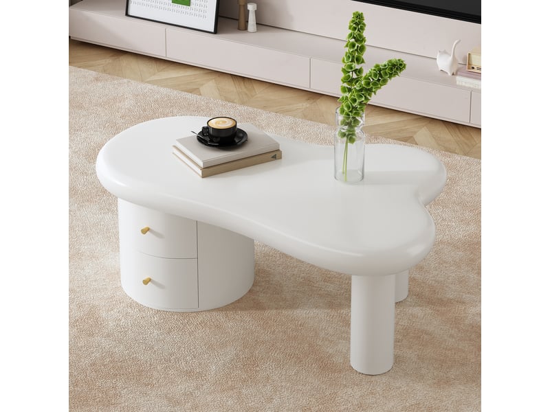  Table basse blanche avec 2 tiroirs, forme organique en mdf, 97 × 64 × 42 cm  - Conforama E