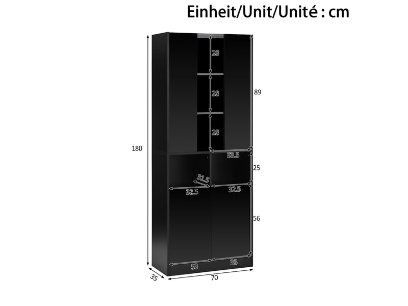  Armoire haute noire avec éclairage led contrôlable par application, portes doubles, rangement modulable  - Conforama C