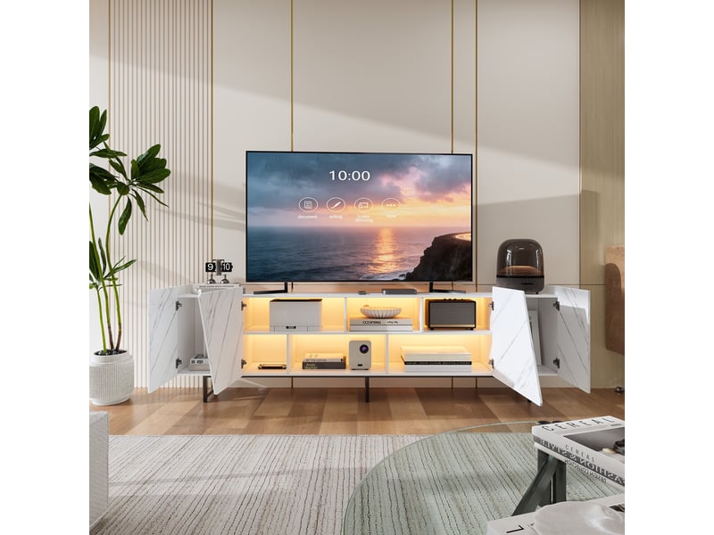  Meuble tv xxl 220x35x65cm - éclairage led rgb 7 couleurs - 4 portes et rangements ouverts - moderne chic - motif marbré - blanc  - Conforama C