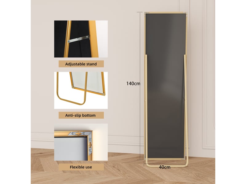  Miroir sur pied 140x40cm doré - miroir mural pleine longueur - cadre en alliage d'aluminium - verre trempé hd anti-explosion  - Conforama E