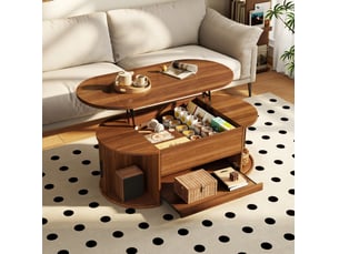 Table basse relevable avec rangements cachés, portes coulissantes latérales et tablette en mdf noyer pour salon