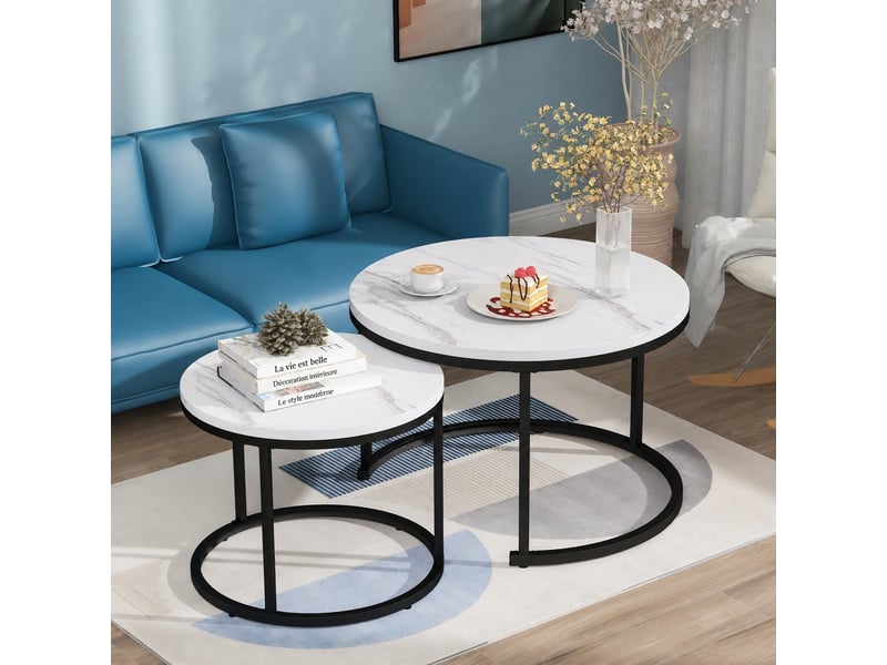  Lot de 2 tables basses rondes gigognes, plateaux mdf et structure métal, effet marbre blanc  - Conforama B