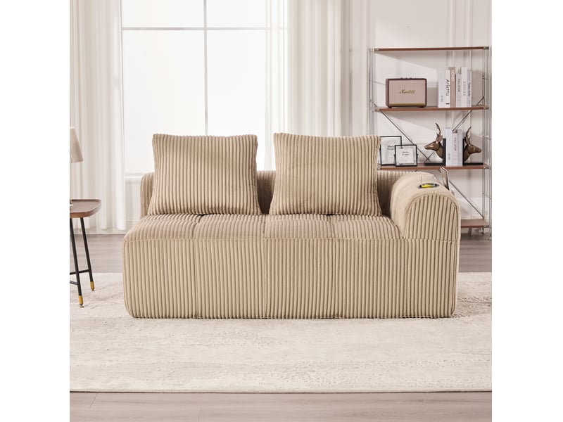  Canapé 2 places 158x93x61cm, velours côtelé kaki, mousse à haute densité et ressorts, poches latérales et porte-gobelet  - Conforama E