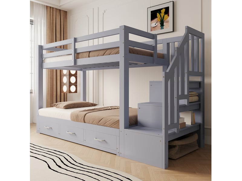 Lit superposé 90 x 200 cm gris, bois de pin, contreplaqué et mdf, avec lit escamotable et rangement - Conforama B