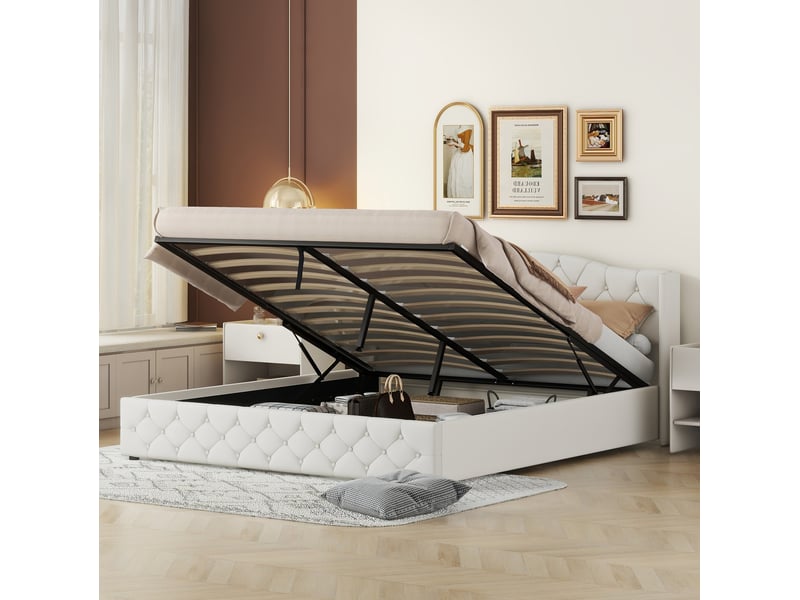  Lit coffre 2 places 180x200 cm en tissu coloris beige  - Conforama E