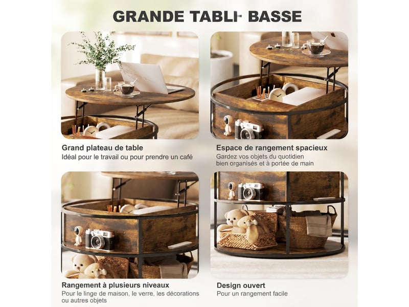  Table de salon marron 80 cm, plateau relevable et espace de rangement caché  - Conforama W