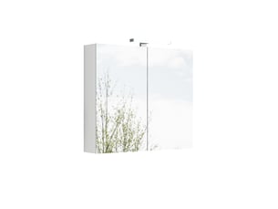 Armoire de toilette murale blanche 80 cm à 2 portes miroir, led et prise française, rangement pratique pour salle de bains