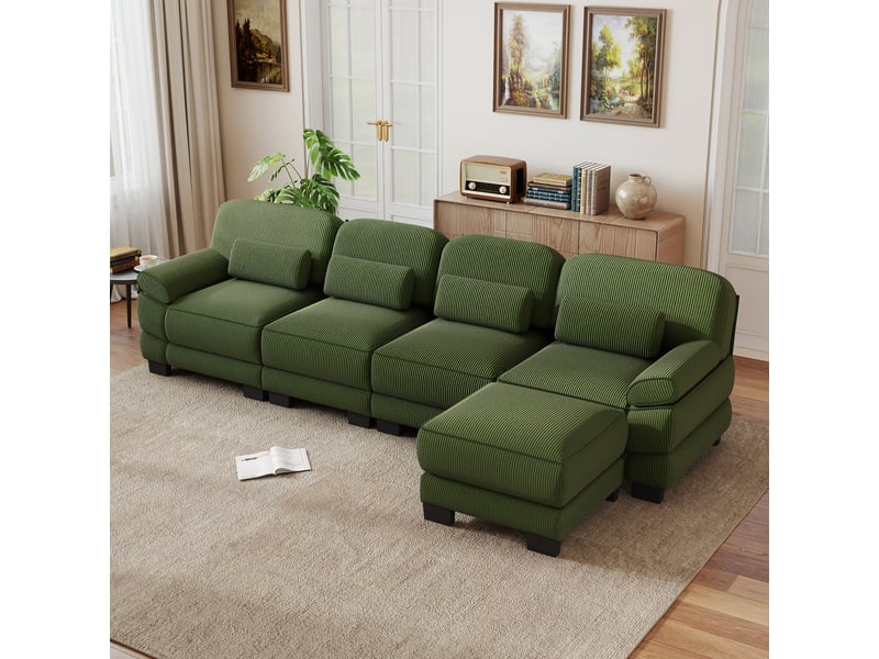 Canapé d'angle 4 places en l, structure robuste, avec 1 pouf, assise profonde confortable, cordon cord doux, combinaison modulable, vert, pour salon - Conforama E
