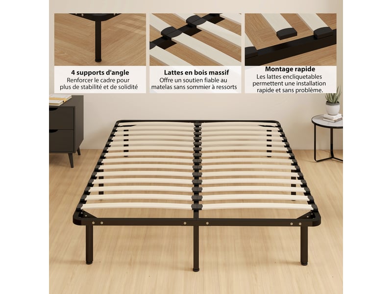  Cadre de lit 140 x 190 cm, lit 2 personnes en bois massif avec sommier à lattes et pied, noir, rangement au-dessous  - Conforama R