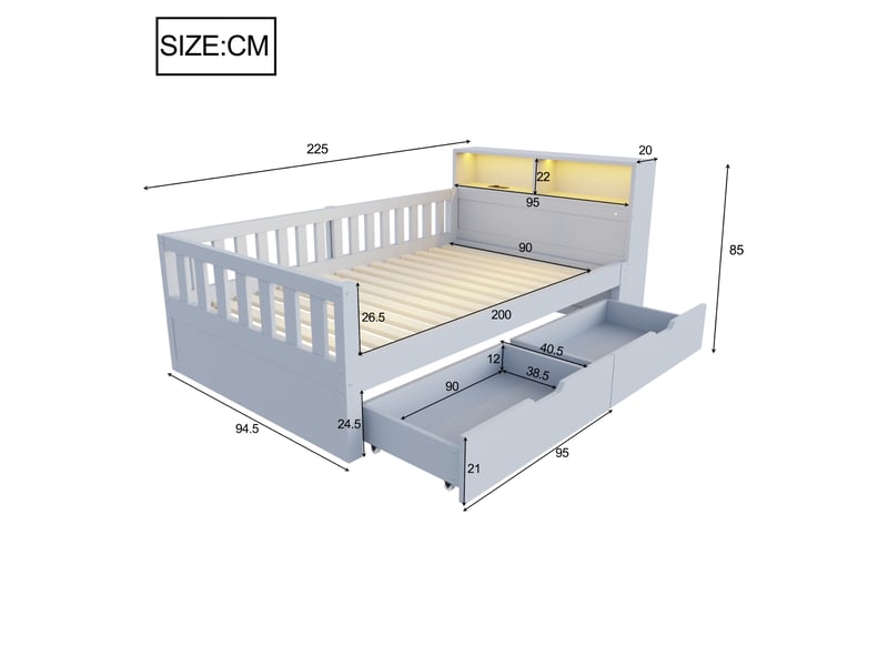  Lit avec rangement 90x200 cm coloris gris led bois massif  - Conforama C