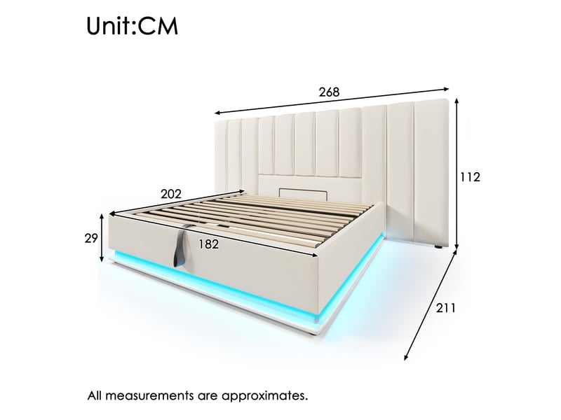  Lit double coffre 180 x 200 cm blanc en pu avec led, ports usb et usb-c, sommier et matelas inclus  - Conforama E
