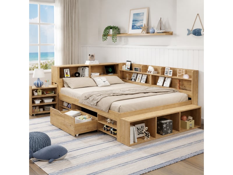  Lit enfant 140x200 cm avec rangements et recharge sans fil, coloris bois naturel  - Conforama D