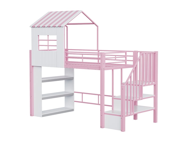  Lit cabane mezzanine métal rose 90x200 cm - étagères, escalier réversible et garde-corps haut - sans matelas  - Conforama A