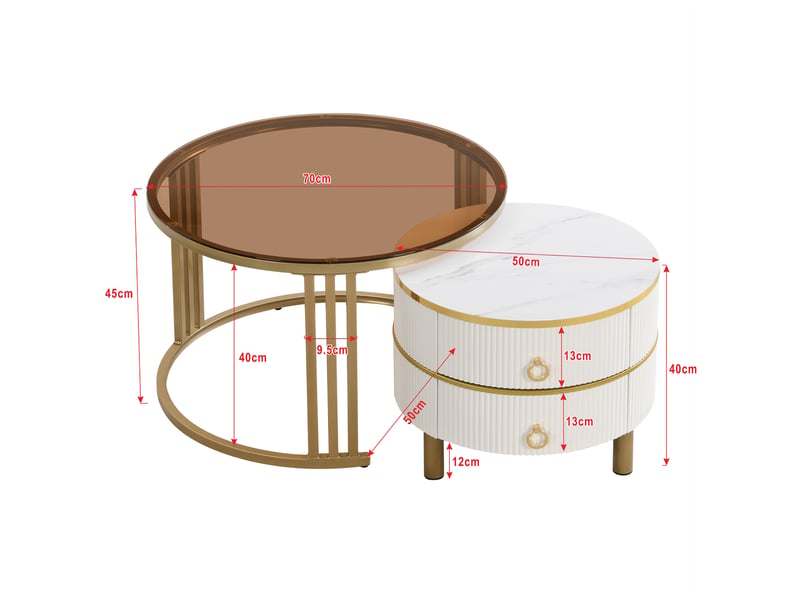  Table basse moderne ronde avec tiroirs, ensemble gigogne 2-en-1 en mdf, métal et verre trempé, blanc et brun, 70x70x45 + 50x50x40 cm  - Conforama E