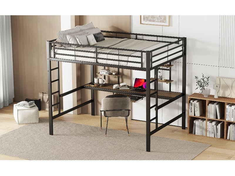  Lit mezzanine 140x200 en métal noir avec bureau intégré et 2 étagères – sans matelas  - Conforama B