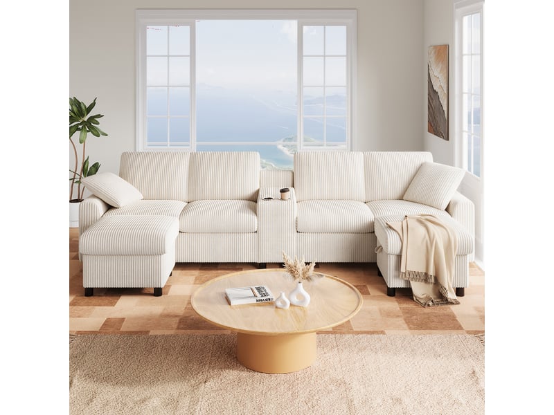 Canapé en u 4 places en velours côtelé beige, 315×135×81 cm, 2 poufs avec rangement, table d'appoint, ports usb et prises - Conforama R