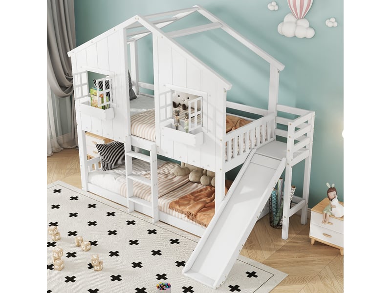  Lit superposé enfant avec toboggan, toit et fenêtres blanc 90 x 200 cm  - Conforama D