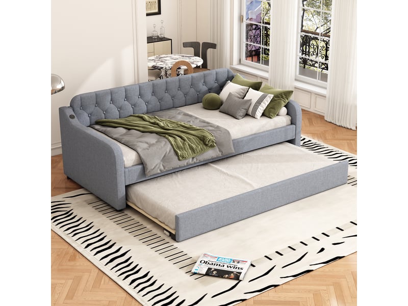  Canapé-lit 90x200 cm avec gigogne, usb, mdf et lin, gris, sans matelas  - Conforama B