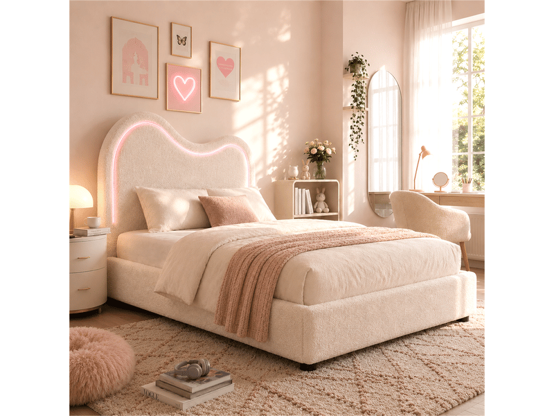  Lit enfant ，90x200 cm，avec coffre led tête nuage ，bouclé， blanc  - Conforama D
