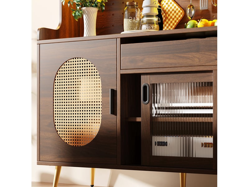  Buffet cuisine 145x39x171cm, led, meuble cuisine avec cinq portes, meuble salon, portes en verre cannelé, mdf, brun  - Conforama E