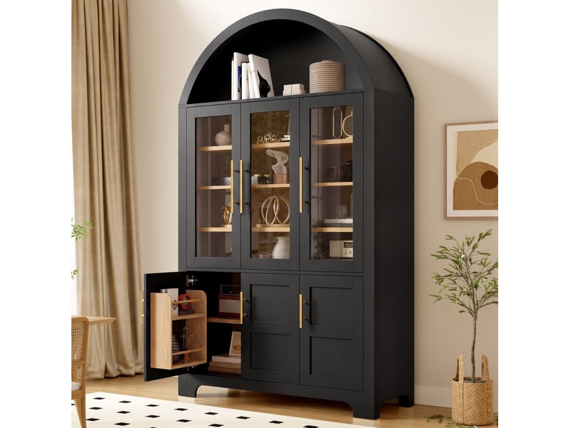 Buffet haut 110x40x185 cm avec niche ouverte et 3 portes vitrées, panneau de particules et mdf, noir - Conforama E