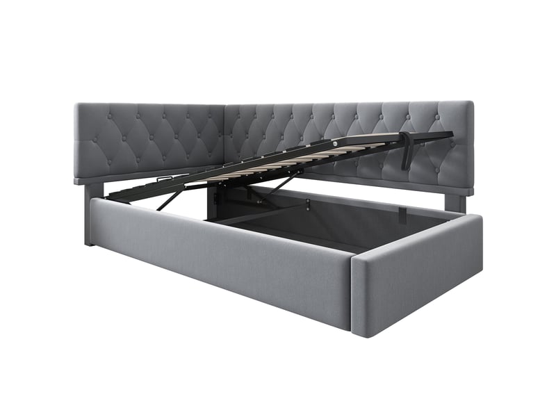  Lit coffre gris velours avec sommier relevable à vérins  - Conforama D